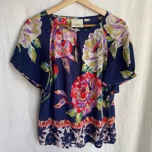 Anthropologie Maeve 100% Silk Floral Print Blouse Size US 2 Navy Blue